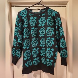 Vintage Black & Teal Rose Graphic Sweater – 80s Floral Knit